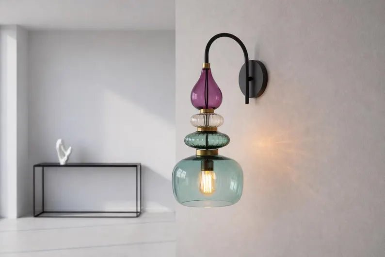 Purple & Green Glass Wall Sconce, Mid Century Modern Brass Wall Light, Stacked Glass Bathroom Vanity Lamp, Bedroom Lighting | Les Trois Pyramides
