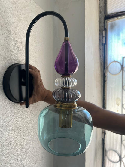 Purple & Green Glass Wall Sconce, Mid Century Modern Brass Wall Light, Stacked Glass Bathroom Vanity Lamp, Bedroom Lighting | Les Trois Pyramides