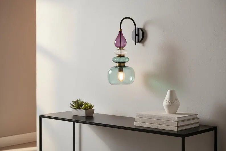 Purple & Green Glass Wall Sconce, Mid Century Modern Brass Wall Light, Stacked Glass Bathroom Vanity Lamp, Bedroom Lighting | Les Trois Pyramides