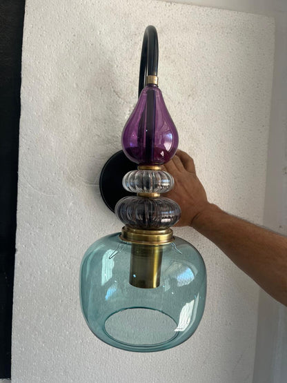 Purple & Green Glass Wall Sconce, Mid Century Modern Brass Wall Light, Stacked Glass Bathroom Vanity Lamp, Bedroom Lighting | Les Trois Pyramides