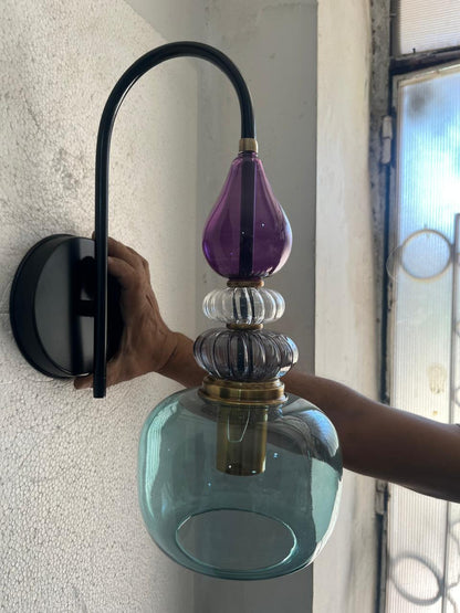 Purple & Green Glass Wall Sconce, Mid Century Modern Brass Wall Light, Stacked Glass Bathroom Vanity Lamp, Bedroom Lighting | Les Trois Pyramides