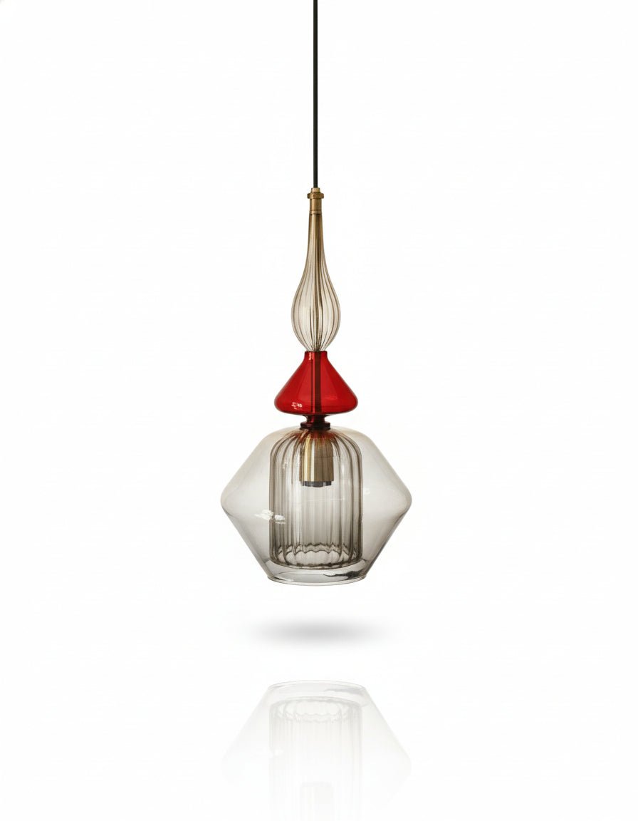 Red and Smokey Grey Blown Glass Pendant Light – Handcrafted Ceiling Lamp for Dining and Living Room