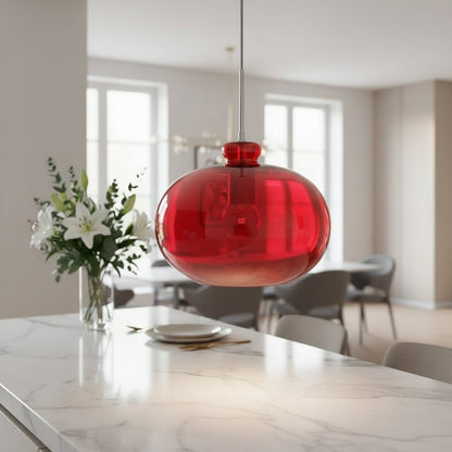 Red Flattened Globe Glass Pendant Light – Hand-Blown Modern Glass Lighting