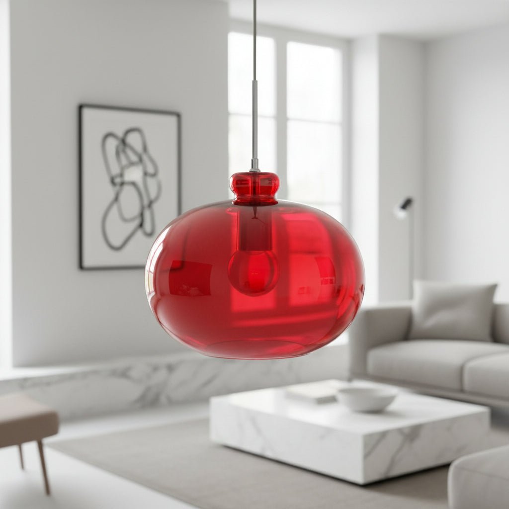 Red Flattened Globe Glass Pendant Light – Hand-Blown Modern Glass Lighting