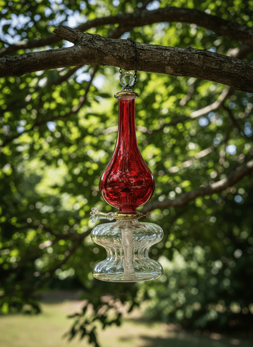 Red glass oil lamp with clear base on a white background