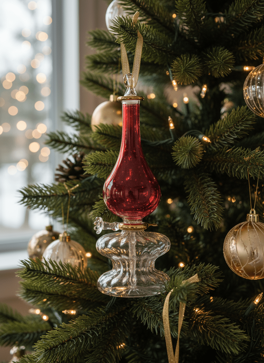 Red glass oil lamp with clear base | Les Trois Pyramides