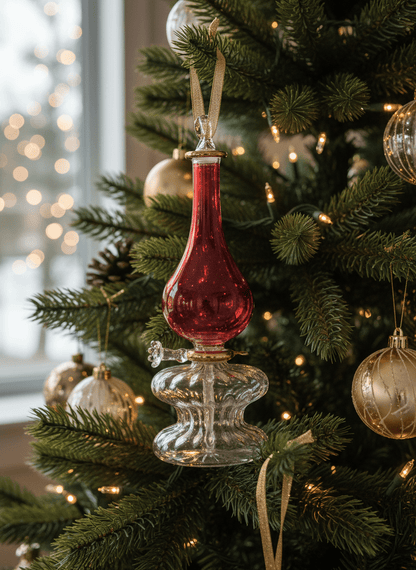 Red glass oil lamp with clear base | Les Trois Pyramides