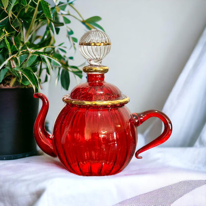 Red Teapot Ribbed Blown Glass perfume Bottle with 14K Gold | Les Trois Pyramides