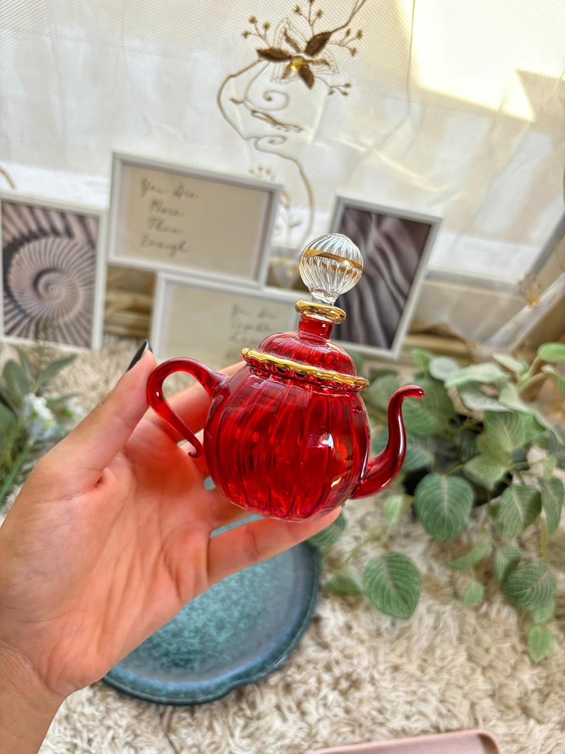 Red Teapot Ribbed Blown Glass perfume Bottle with 14K Gold | Les Trois Pyramides