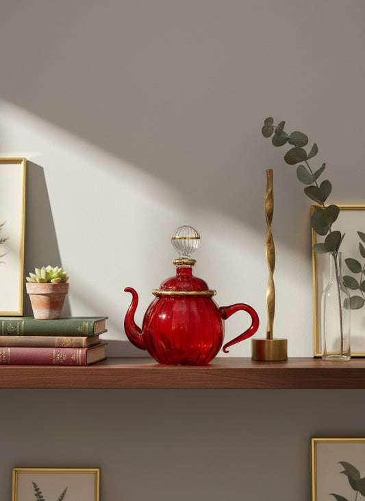 Red Teapot Ribbed Blown Glass perfume Bottle with 14K Gold | Les Trois Pyramides