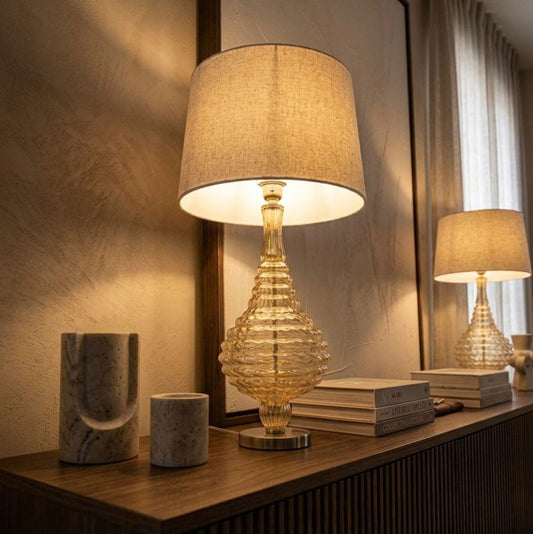 Amber Blown Glass Table Lamp, Handmade Glass Lamp, Modern Bedside Lamp, Ribbed Glass Table Light, Living Room Lighting | Les Trois Pyramides