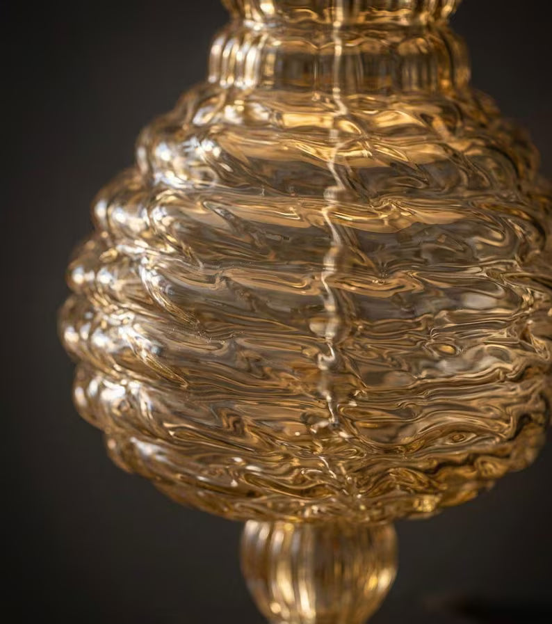 Amber Blown Glass Table Lamp, Handmade Glass Lamp, Modern Bedside Lamp, Ribbed Glass Table Light, Living Room Lighting | Les Trois Pyramides