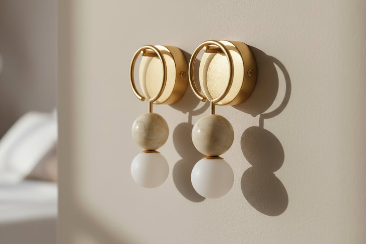Ring marble wall sconce with frosted glass globe and brass frame installed as a pair
