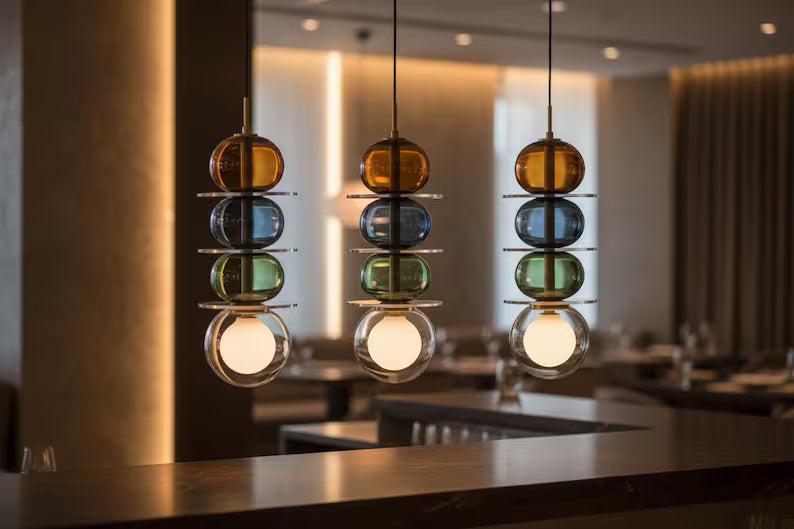 Modern Glass Pendant Light | Hanging Ceiling Lamp for Kitchen Island & Living Room | Designer Glass Light Fixture | Les Trois Pyramides