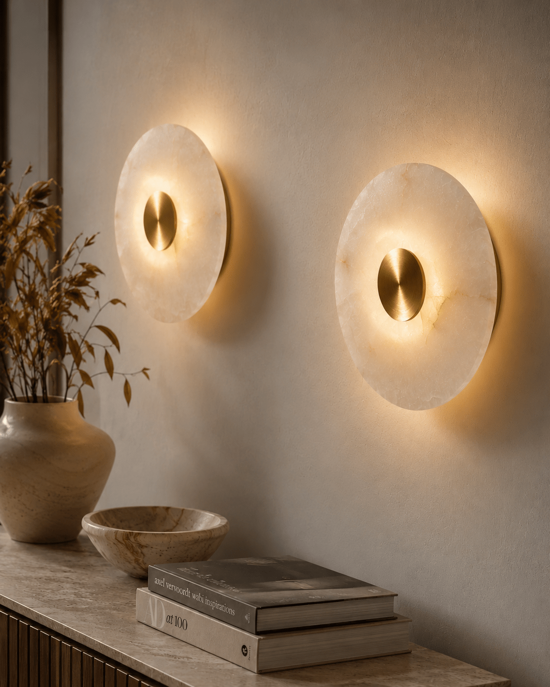 Round Alabaster Wall Sconce | Handmade Brass Disc Wall Light | Les Trois Pyramides