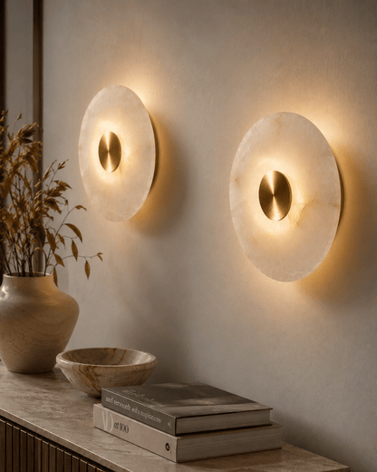 Round Alabaster Wall Sconce | Handmade Brass Disc Wall Light | Les Trois Pyramides