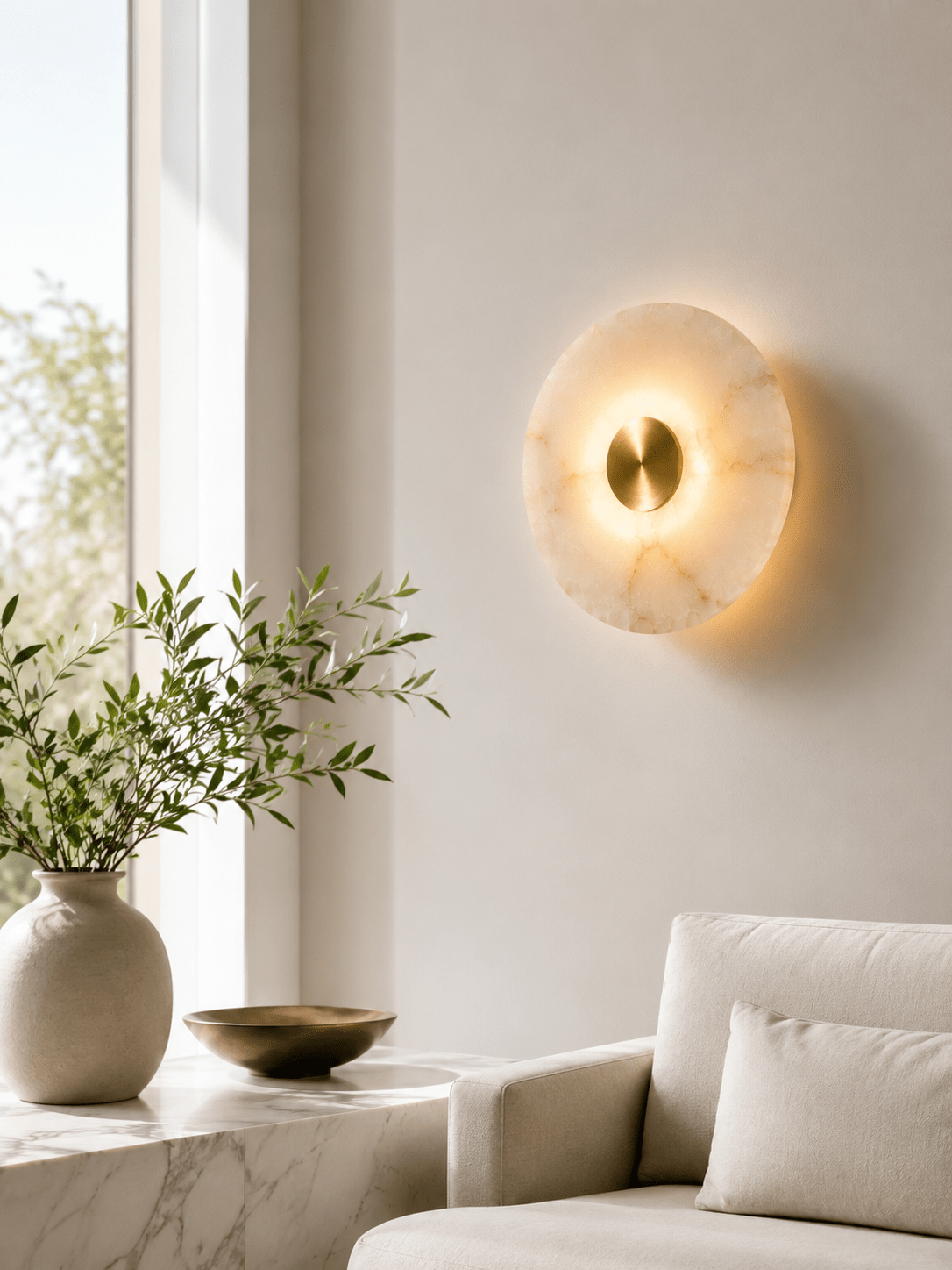 Round Alabaster Wall Sconce | Handmade Brass Disc Wall Light | Les Trois Pyramides