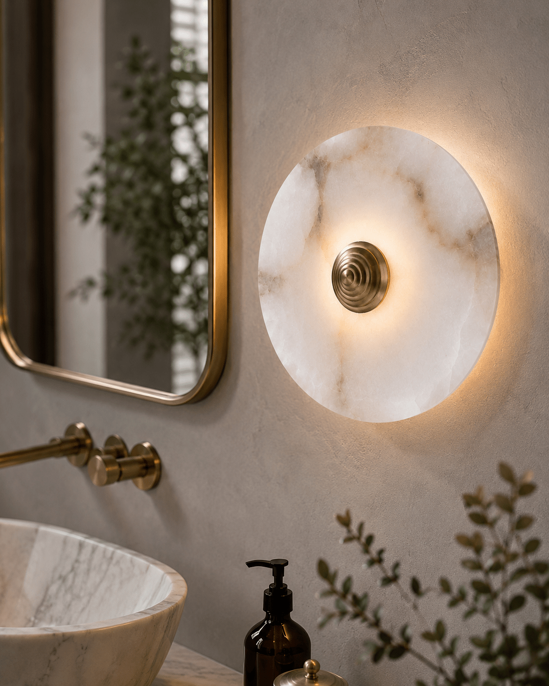 Round Alabaster Wall Sconce | Handmade Brass Disc Wall Light | Les Trois Pyramides