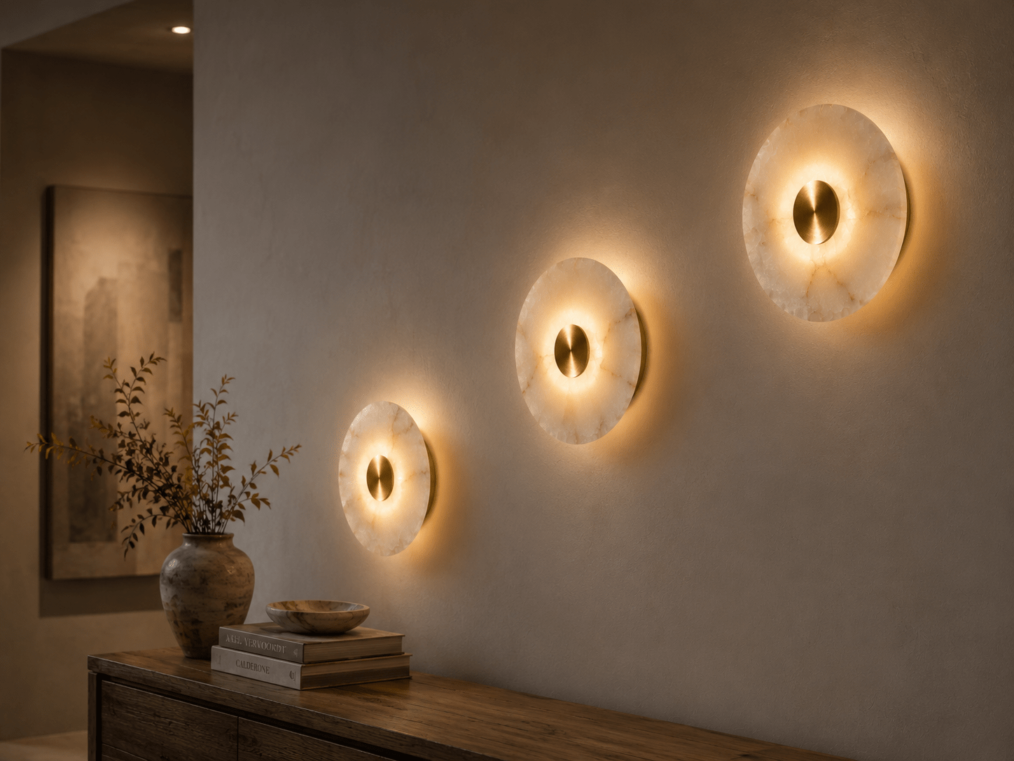 Round Alabaster Wall Sconce | Handmade Brass Disc Wall Light | Les Trois Pyramides