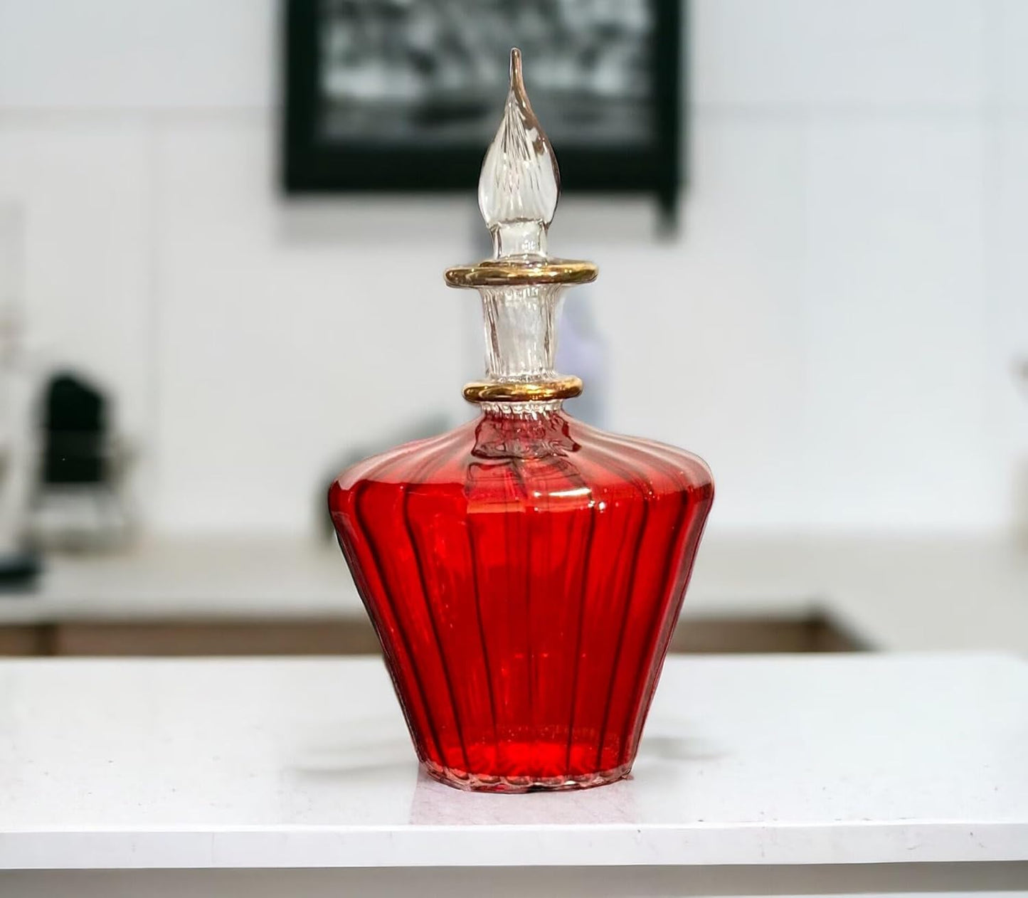 Red Ribbed Blown Glass perfume Bottle with stopper and  14K Gold | Les Trois Pyramides