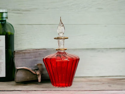 Red Ribbed Blown Glass perfume Bottle with stopper and  14K Gold | Les Trois Pyramides