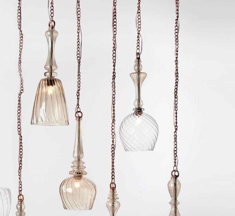 Set of 12 Handmade Blown Glass Light Pendants - Les Trois Pyramides 