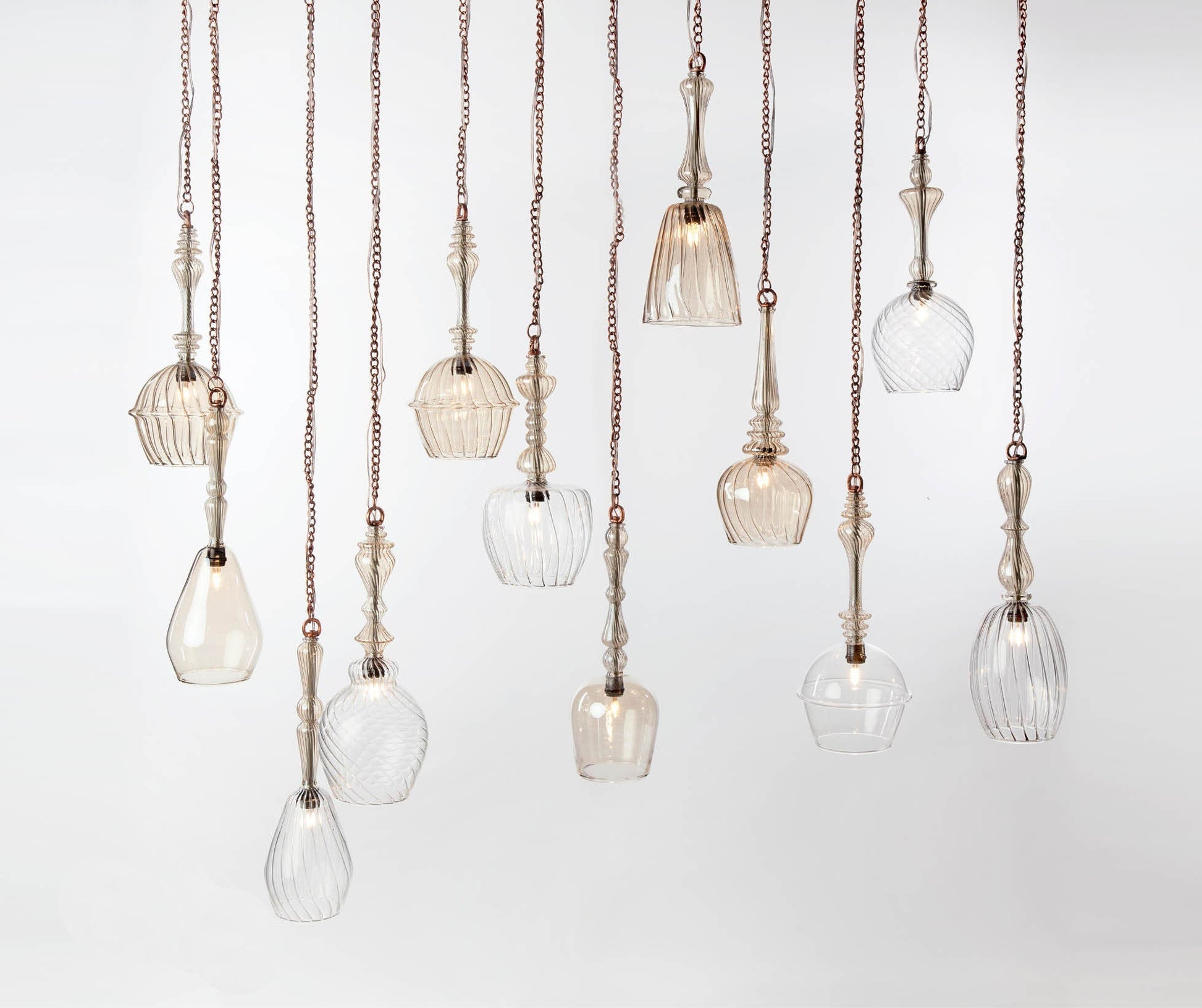 Set of 12 Handmade Blown Glass Light Pendants - Les Trois Pyramides 