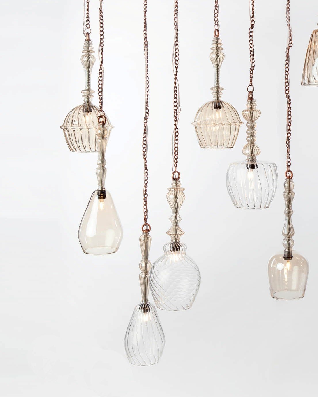 Set of 12 Handmade Blown Glass Light Pendants - Les Trois Pyramides 