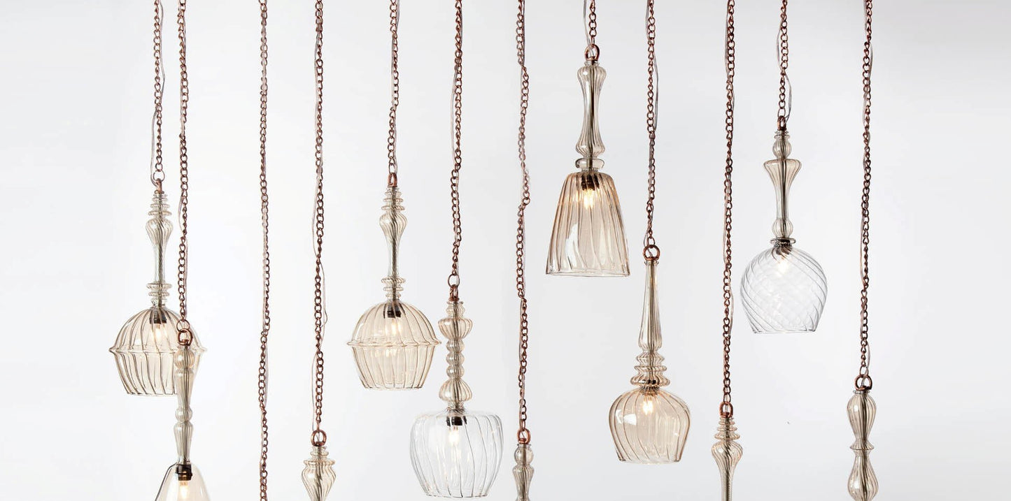 Set of 12 Handmade Blown Glass Light Pendants - Les Trois Pyramides 