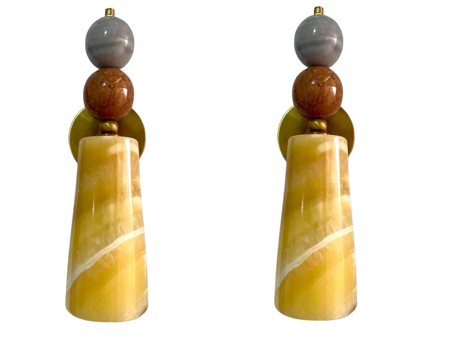 Pair of earrings with yellow stone, brown bead, and gray bead