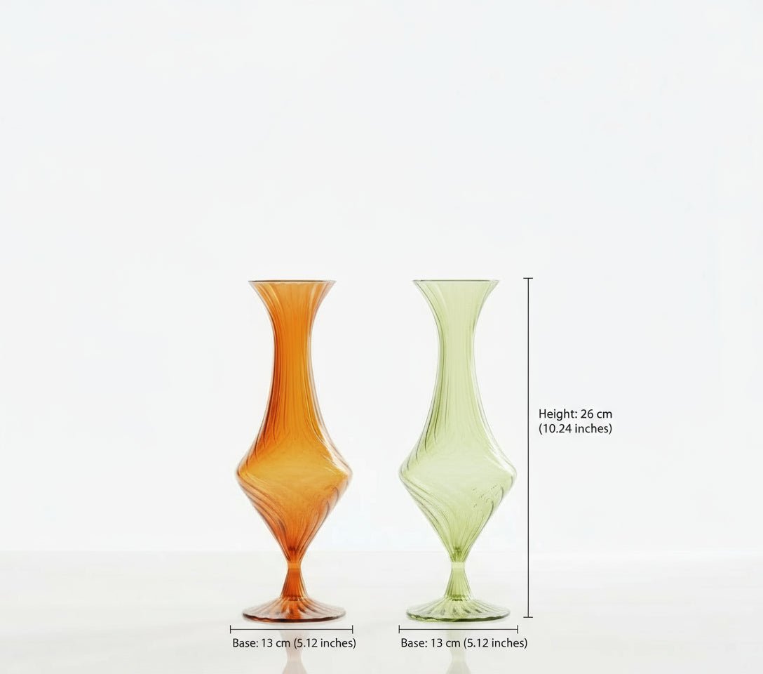 Set of 2 Hand-Blown Ribbed Glass Vases – Orange & Light Green, Elegant Curved Design