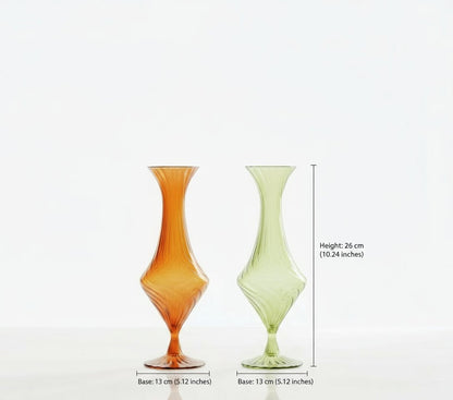 Set of 2 Hand-Blown Ribbed Glass Vases – Orange & Light Green, Elegant Curved Design