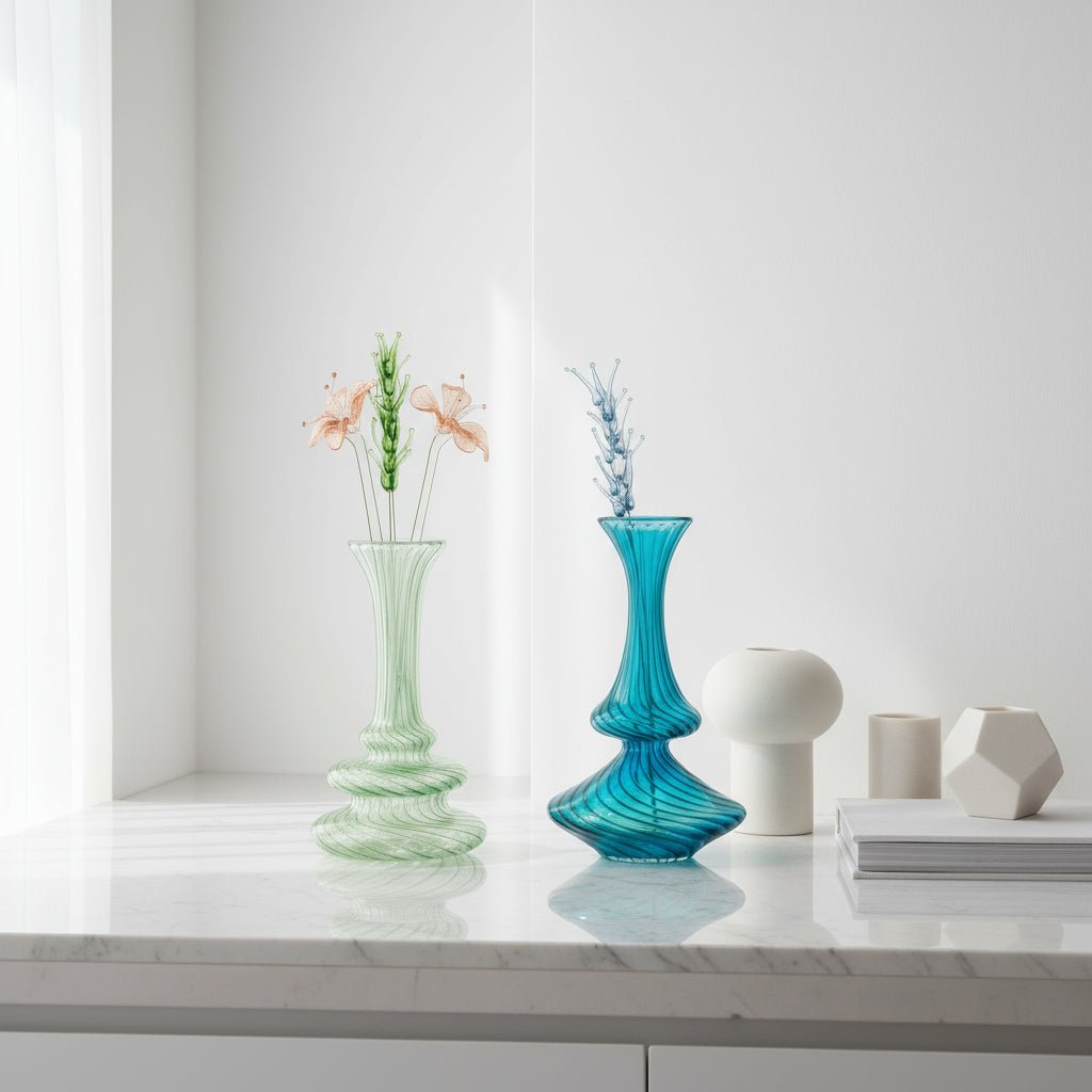 Set of 2 Handmade Blown Glass Vases – Light Green & Turquoise