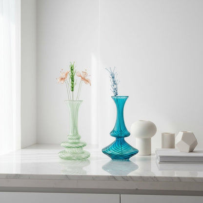 Set of 2 Handmade Blown Glass Vases – Light Green & Turquoise