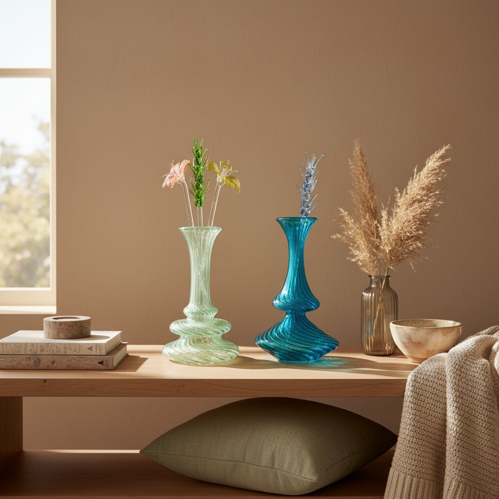 Set of 2 Handmade Blown Glass Vases – Light Green & Turquoise