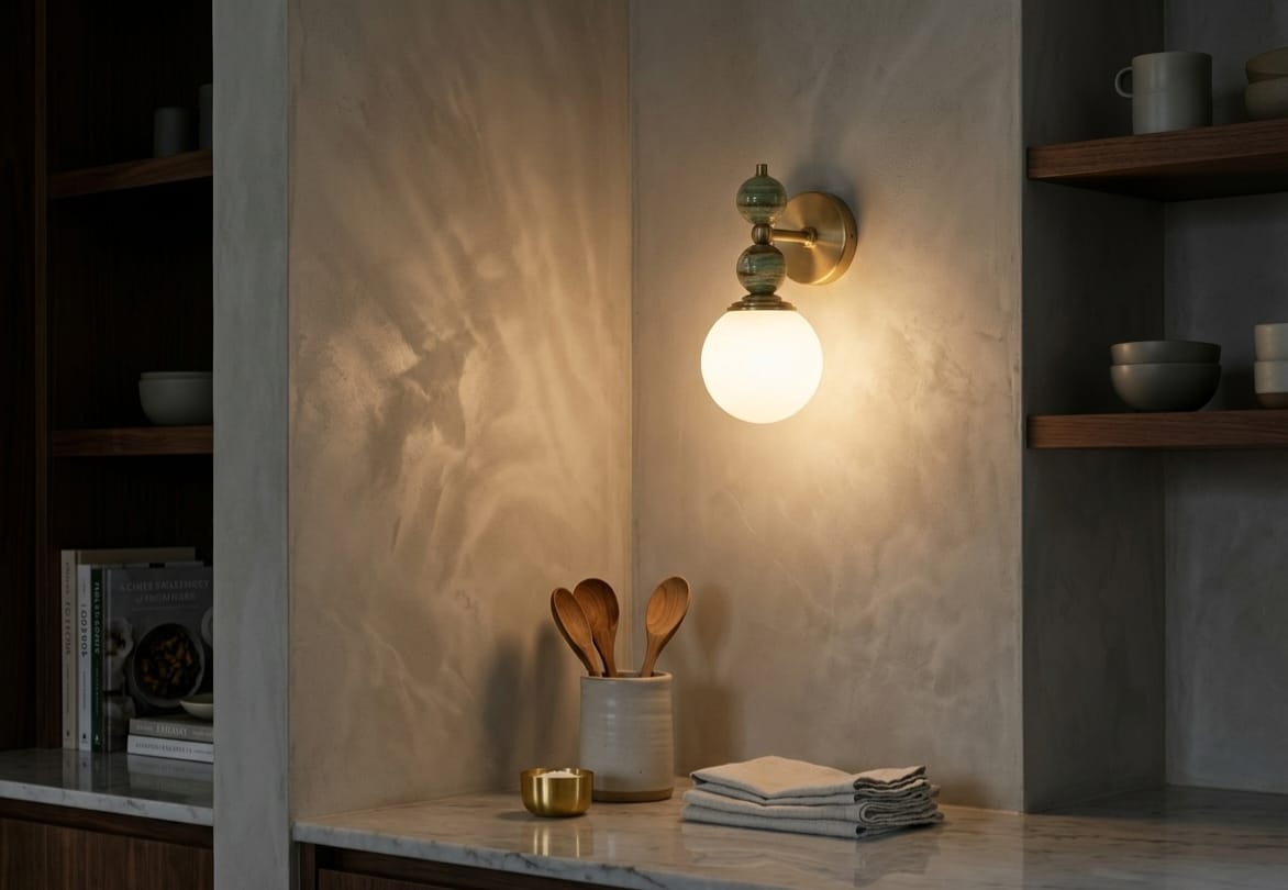 Hand adjusting a wall-mounted light fixture with marble accents on a plain wall.