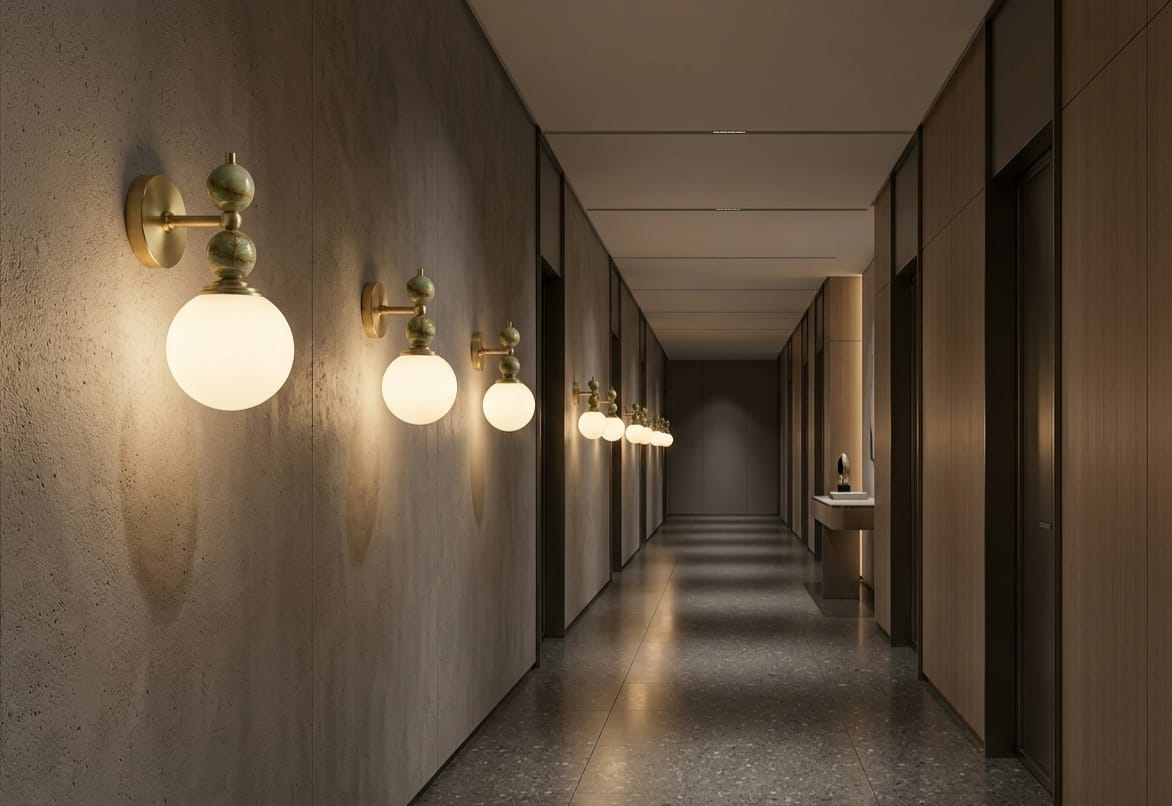 Hand adjusting a wall-mounted light fixture with marble accents on a plain wall.