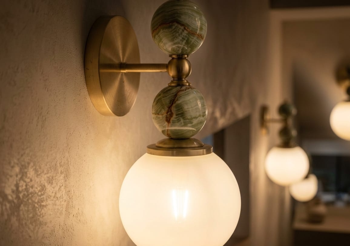 Hand adjusting a wall-mounted light fixture with marble accents on a plain wall.