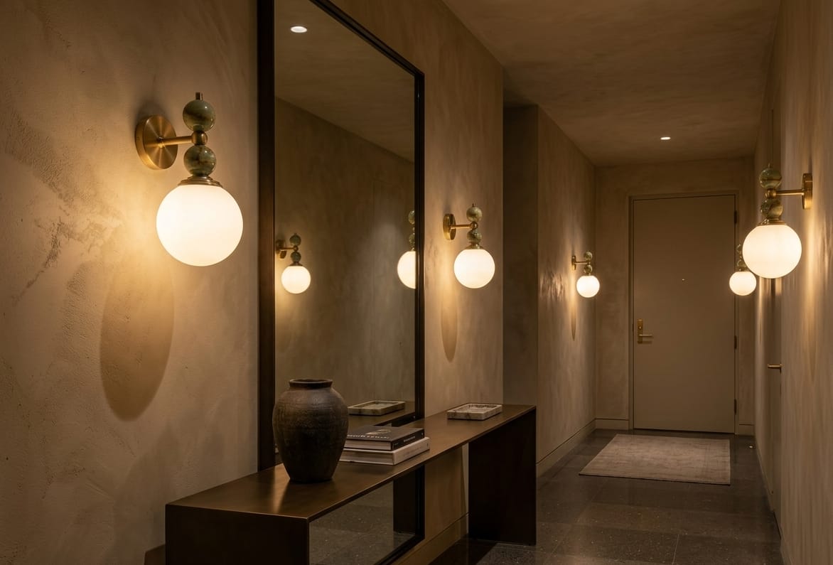 Hand adjusting a wall-mounted light fixture with marble accents on a plain wall.