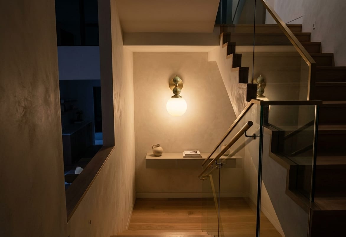 Hand adjusting a wall-mounted light fixture with marble accents on a plain wall.
