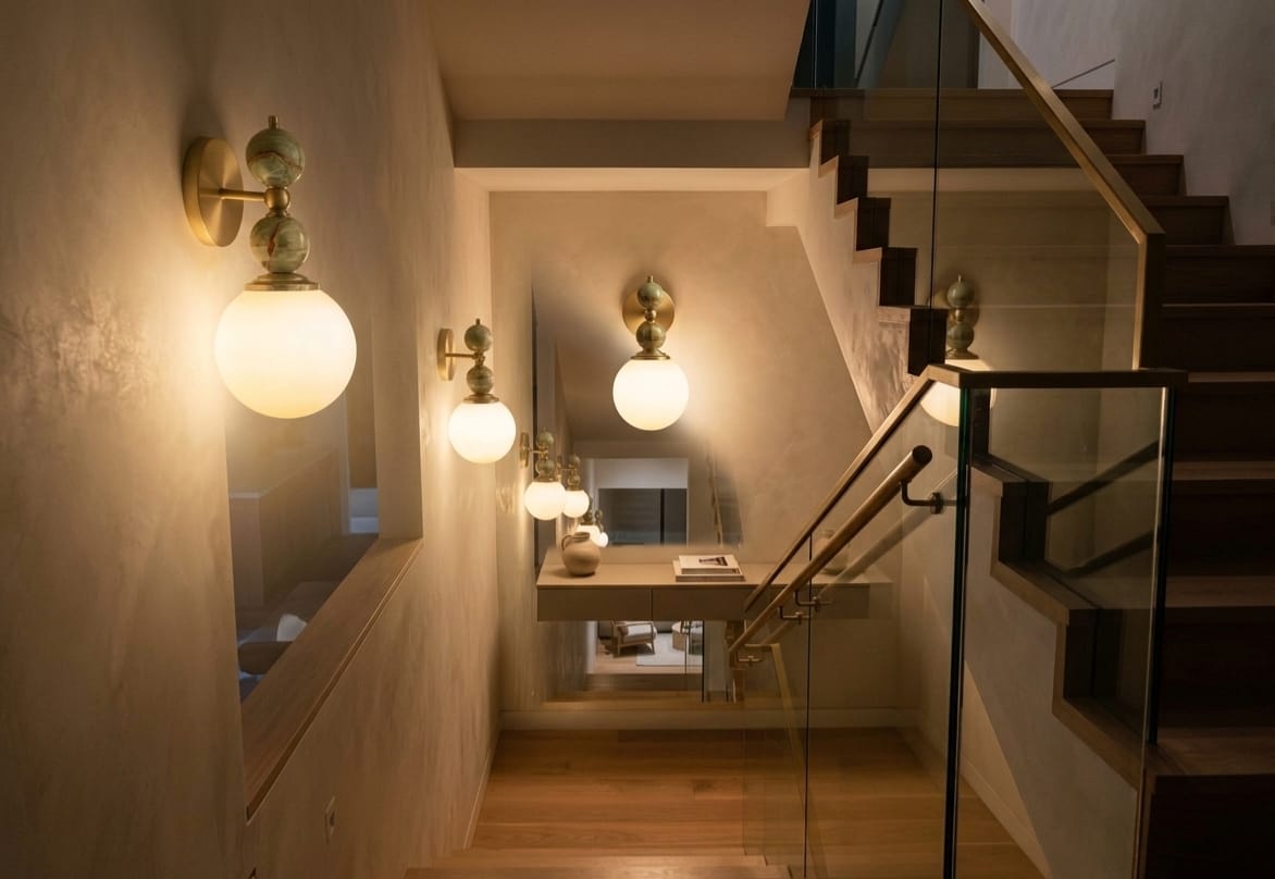 Hand adjusting a wall-mounted light fixture with marble accents on a plain wall.