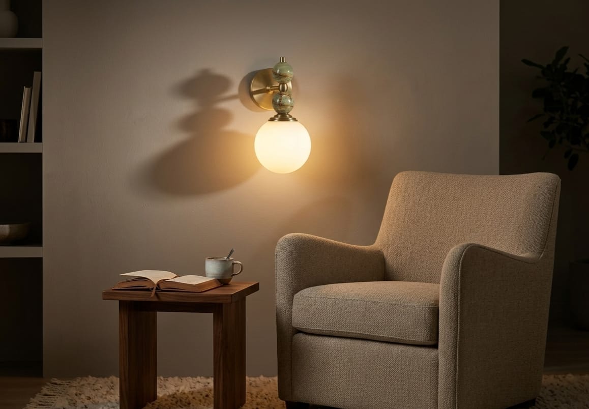 Hand adjusting a wall-mounted light fixture with marble accents on a plain wall.
