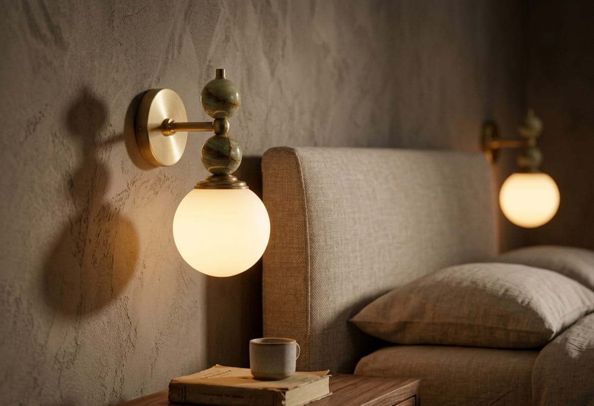 Hand adjusting a wall-mounted light fixture with marble accents on a plain wall.