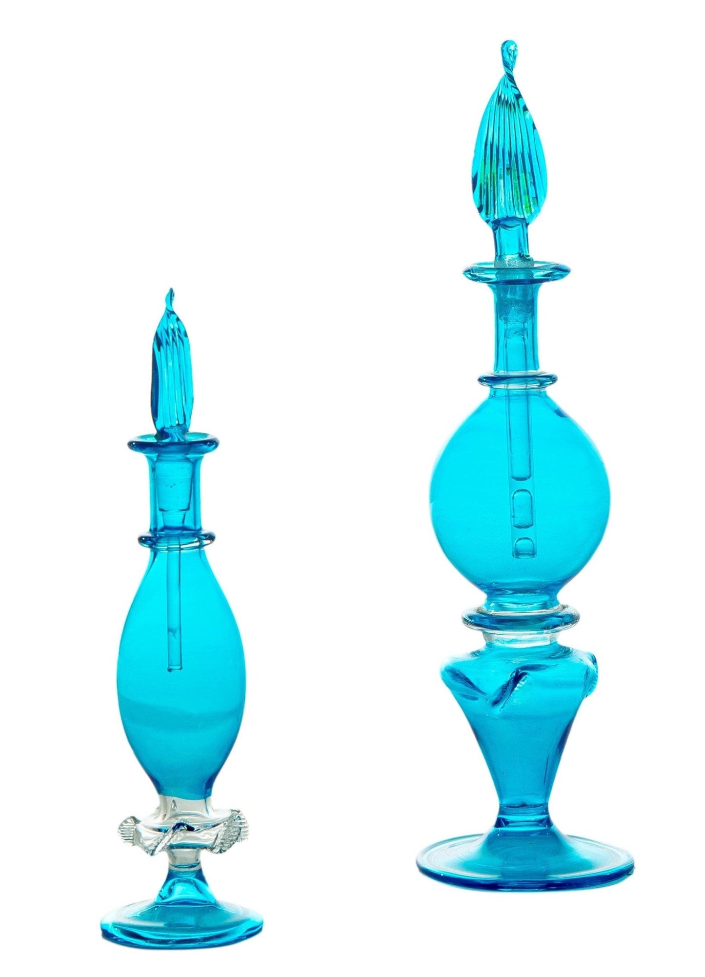 Set of 3 Handblown Blue Glass Bottles - Handmade Decorative Glass Ornaments for Home Display and Decor - Les Trois Pyramides 