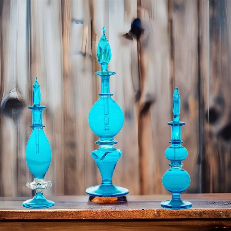 Set of 3 Handblown Blue Glass Bottles - Handmade Decorative Glass Ornaments for Home Display and Decor - Les Trois Pyramides 