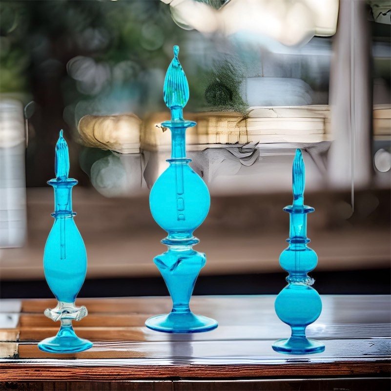 Set of 3 Handblown Blue Glass Bottles - Handmade Decorative Glass Ornaments for Home Display and Decor - Les Trois Pyramides 