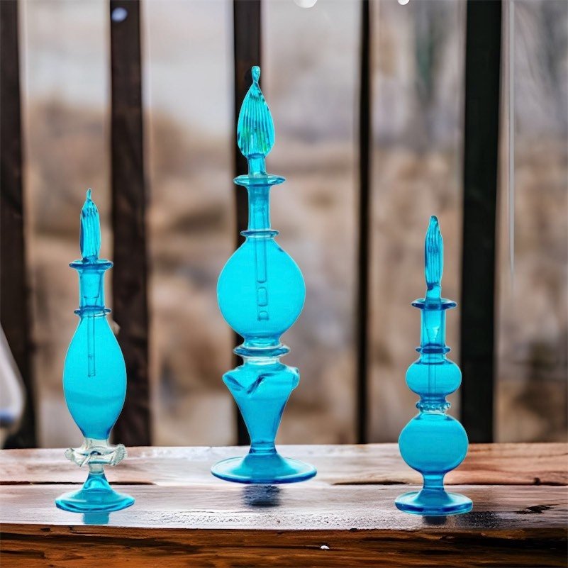 Set of 3 Handblown Blue Glass Bottles - Handmade Decorative Glass Ornaments for Home Display and Decor - Les Trois Pyramides 