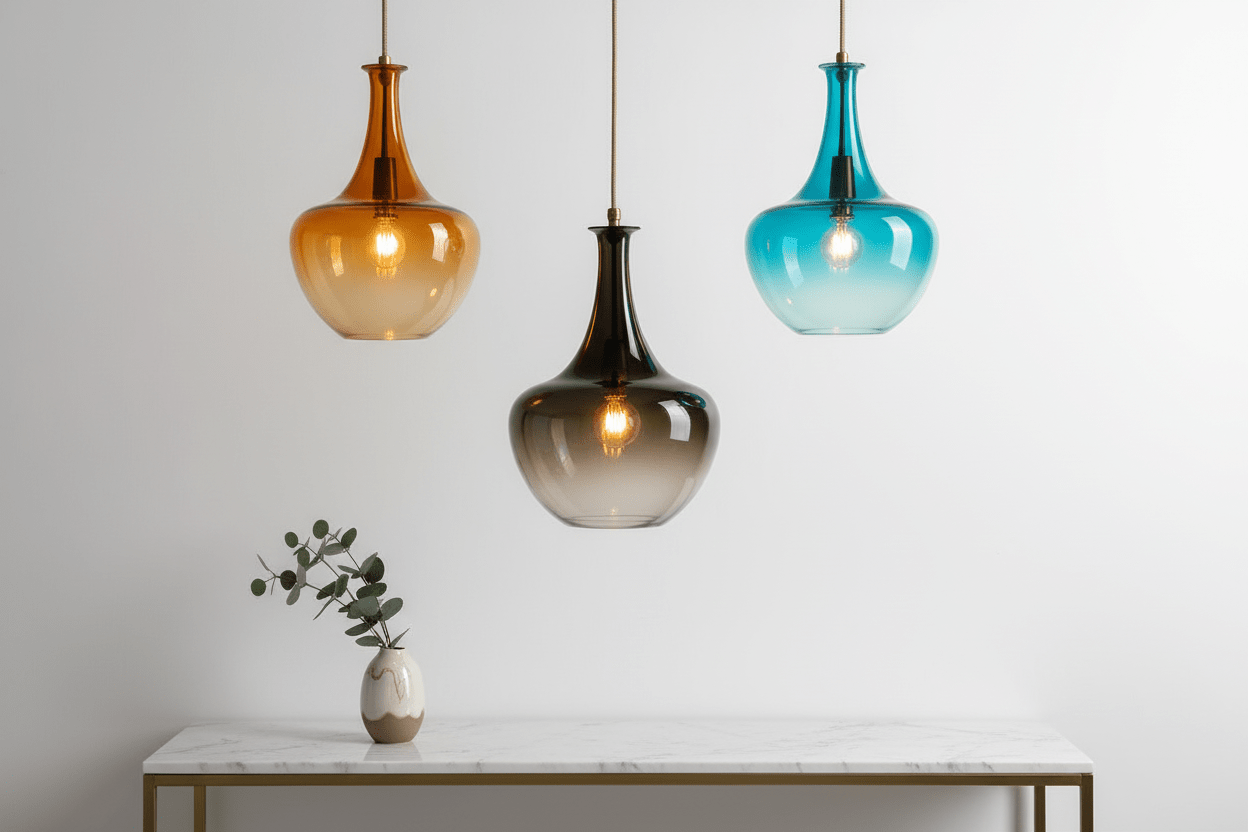 Set of 3 Handmade Gradient Glass Pendant Lights — Amber, Smoke & Turquoise