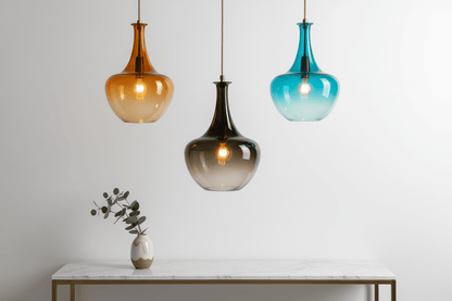 Set of 3 Handmade Gradient Glass Pendant Lights — Amber, Smoke & Turquoise