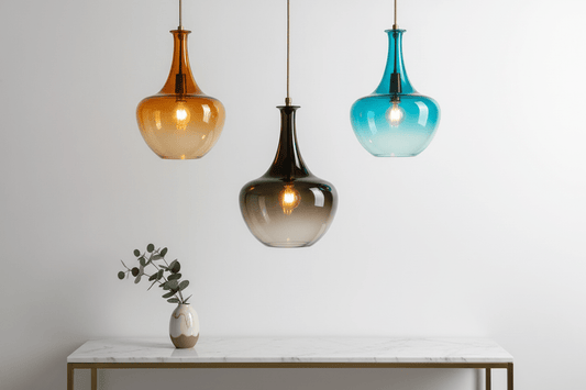 Set of 3 Handmade Gradient Glass Pendant Lights — Amber, Smoke & Turquoise